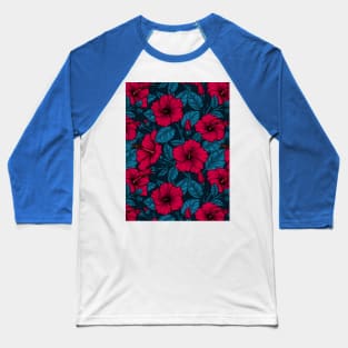 Red hibiscus flowers on dark blue Baseball T-Shirt